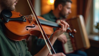 Musician plays violin with bow at traditional Irish music session. Man fingers fiddle strings creating folk melodies. Another person plays accordion in blurred background. Friends enjoy warm intimate