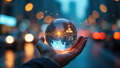 Hand holds clear crystal ball. Glowing city skyline reflects inside sphere. Blue tech elements pulse below city buildings. Blurred urban street with bokeh lights creates future vision, global