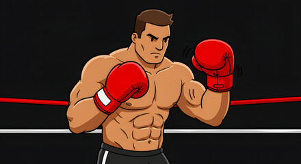 Dynamic illustration of a muscular male boxer in a ready stance within a boxing ring, preparing for a fight.