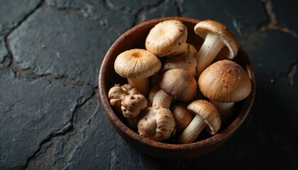 Obraz premium Mushrooms rest inside wooden bowl on dark surface. Freshly picked edible fungi are displayed. Raw ingredients for delicious dishes. Close up of mushroom harvest in natural light.