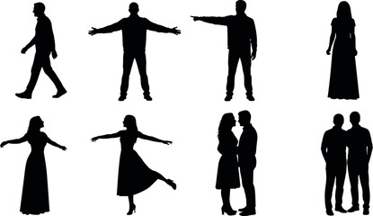 Silhouette people in various poses, gestures, and interactions for body language, design elements, art references, and stock illustration use.