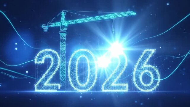 Crane building glowing 2026 numbers. New year construction concept for upcoming future. Celebration of Christmas and New Year.