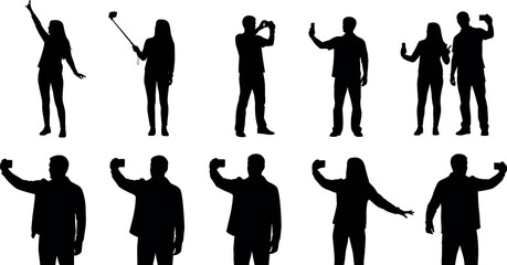 Silhouette vector set of people taking selfies with smartphones and selfie sticks in various poses, gestures, and social interactions
