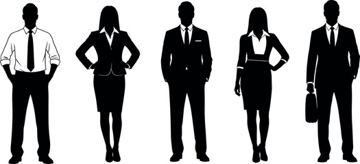 Silhouettes of diverse business professionals in formal attire showcasing corporate fashion, gender balance, and confident workplace posture for stock use.