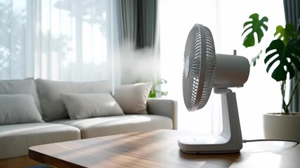 White desk fan and humidifier in bright modern living room creating comfortable air and home atmosphere