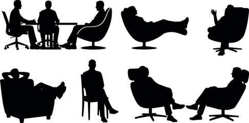 Silhouettes of People Sitting in Various Relaxed and Conversational Poses for Office, Therapy, Lounge, Interview, and Lifestyle Concepts