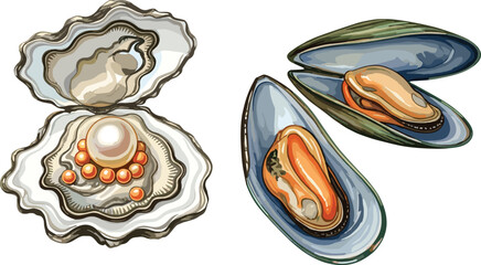 Luxurious open oyster with glowing pearl and nacre  fresh green mussels, bivalve mollusk seafood set  gourmet appetizer, detailed hand-drawn vector illustration. © Sagar Creative