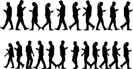 Silhouettes of people walking while using smartphones, digital addiction concept, modern lifestyle, technology dependence, urban behavior, mobile device obsession