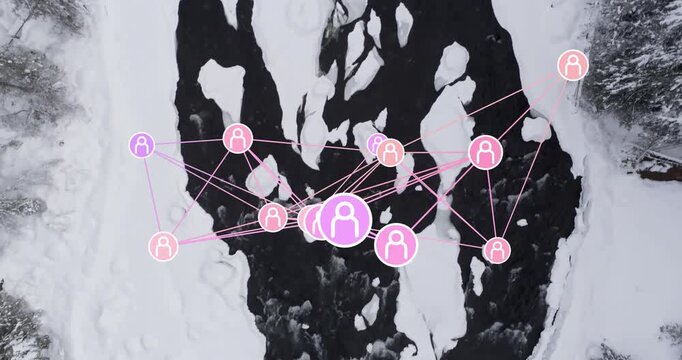 Overlay rising above snowy river, purple node pulsing spawning avatars linking to show peer ties