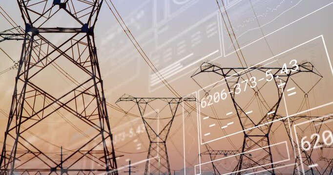 System scan starting at dusk, high-voltage towers standing while overlays sliding, annotating lines