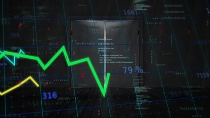 Data popping graphs entering left green line rising crossing doorway revealing sky showing trends
