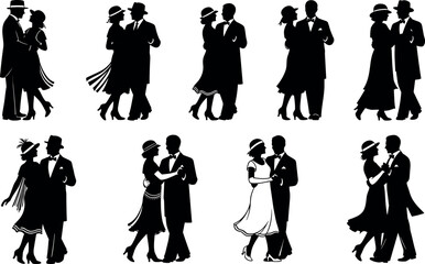 Vintage dancing couples in silhouette, elegant ballroom poses, retro fashion, romantic embrace, 1920s 1930s style, social dance illustration