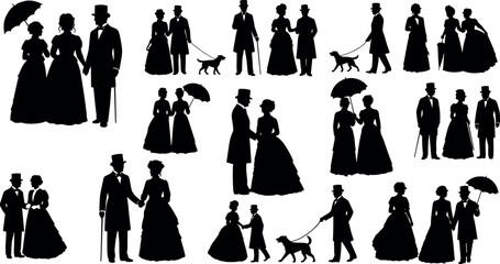 Victorian era silhouette couples walking with umbrellas, dogs, and canes in vintage fashion style on white background vector illustration
