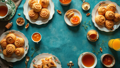 Elegant pastry assortment with sweet rolls jam tarts served on ornate plates with tea and orange juice. Morning breakfast or afternoon tea setting with rich desserts.