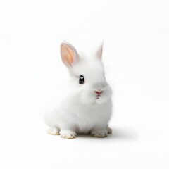 Obraz premium Adorable small white rabbit sitting perfectly still on a clean white background, fluffy cute bunny with big dark eyes and pink nose