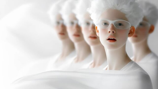 Woman with white hair and futuristic glasses, with multiple blurred clones behind her, representing identity, individuality, and cloning concept. Cloud Dancer Color of the Year 2026