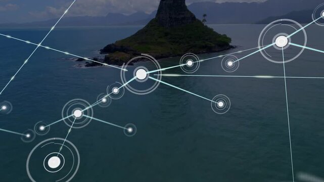 Pulsing bright node initiating lines, connecting nodes over ocean toward island, mapping network