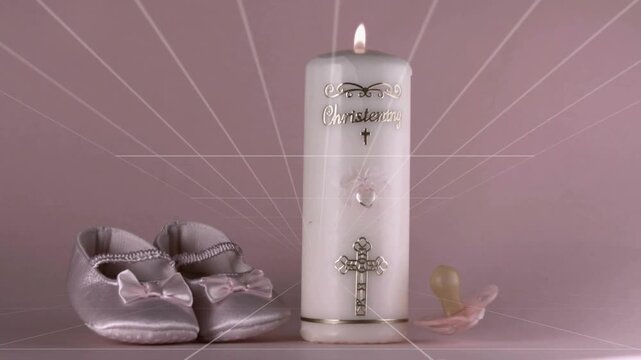 Pacifier appearing top-right descending, rotating toward candle, settling upright near base to rest