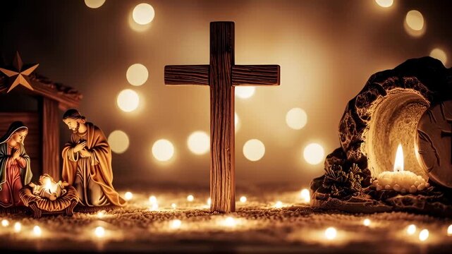 Nativity scene, wooden cross, and empty tomb with candle for Christian holidays. Concept of Jesus birth, death, and resurrection.