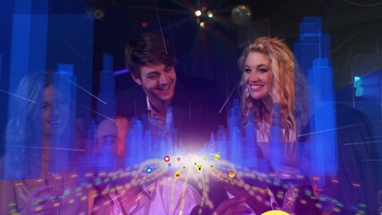 Friends leaning around table in music club, phone being shown causing blue bars and emojis, sharing - Powered by Adobe