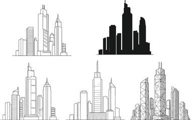 Obraz premium Modern city skyline illustration set featuring architectural line art, skyscraper silhouettes, urban building designs, geometric towers, and contemporary metropolitan skyline 