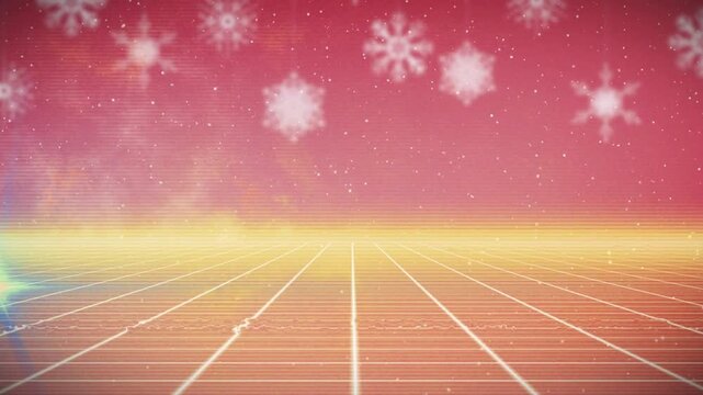 Horizon flash starting neon grid receding VHS glitching snow falling left flare pulsing evoking 80s