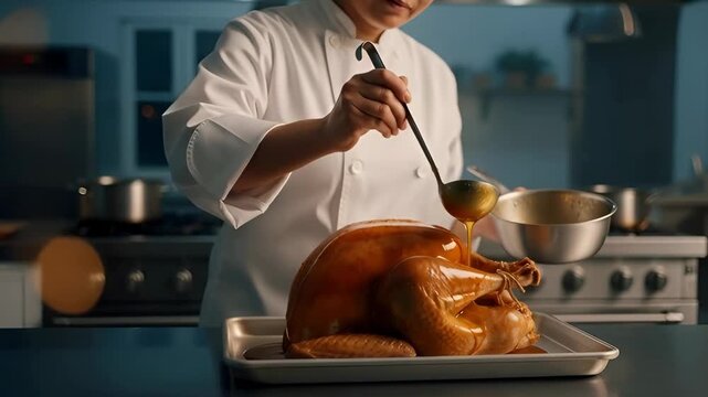 Asian woman chef basting homemade Thanksgiving turkey with gravy in professional kitchen. Holiday dinner preparation concept.