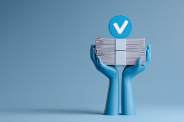 A 3D illustration of blue hands holding a stack of money with a checkmark symbol.