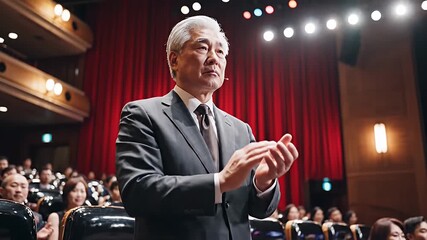 Distinguished Senior Asian Man Applauding in a Formal Theater Audience He is showing appreciation at a professional event conference or performance