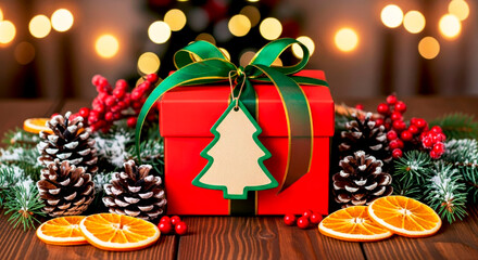 A Christmas gift box in red packaging with a green bow and a blank tree-shaped tag. Perfect for your text and advertising.