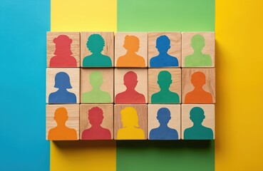 Wooden blocks with colorful people silhouettes arranged in grid. Icons represent diverse community, global team. Abstract concept shows equality inclusion human resources, social connection. Also