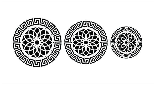 Three Black Circular Geometric Patterns with Greek Key Border circle meander