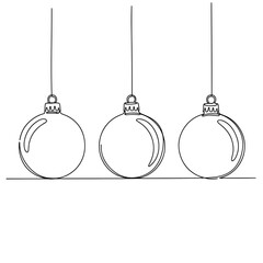 Simple line drawing of three hanging Christmas ornaments  
