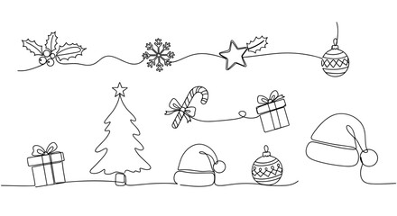 Christmas decor elements including tree, gifts, and ornaments in line art  