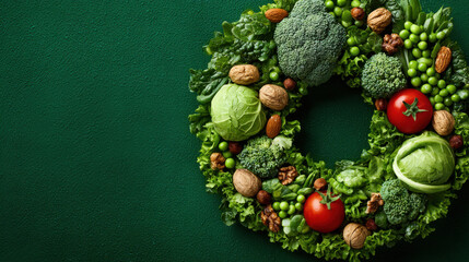 Veganuary holiday concept. Fresh green wreath made from salad leaves, broccoli, cherry tomatoes, peas and nuts, festive Christmas background, cheerful plant based diet