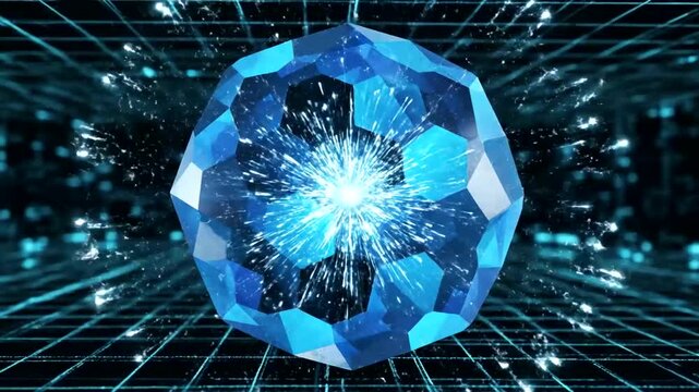 Abstract Blue Crystal Energy Sphere in Digital Grid.