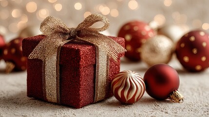 Stunning sparkling red gift box with gold bow surrounded by festive holiday ornaments and warm bokeh lights