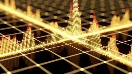 Golden glowing digital data visualization showing dynamic waveforms on an interconnected grid with abstract futuristic technology - Powered by Adobe