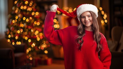 Beautiful santa girl in christmas hat on background