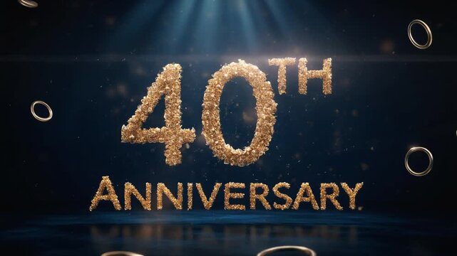 Elegant golden 40th anniversary text celebrates a significant milestone with sparkling particles.