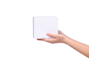 A hand holding a blank white cardboard box, isolated against a pristine transparent background. Ideal for product mockups, logistics, shipping, delivery, or commerce themes.