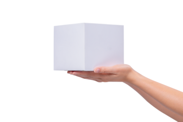 A hand holding a blank white cardboard box, isolated against a pristine transparent background. Ideal for product mockups, logistics, shipping, delivery, or commerce themes.