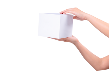 A hand holding a blank white cardboard box, isolated against a pristine transparent background. Ideal for product mockups, logistics, shipping, delivery, or commerce themes.