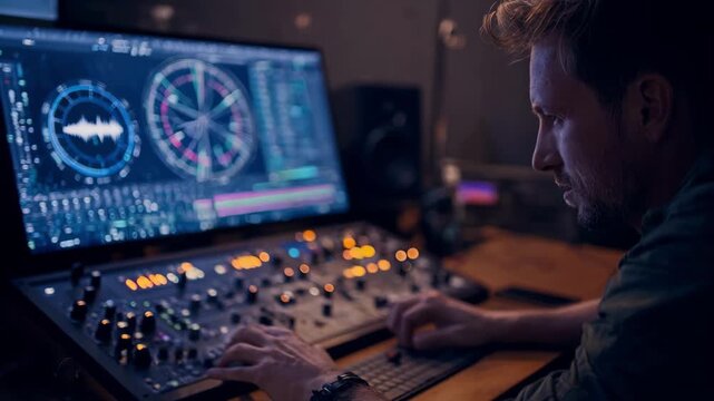 Medium shot of a sound designer utilizing advanced mixing software to craft an enveloping immersive audio atmosphere with multidimensional surround sound.
