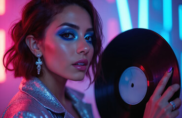 Glamorous woman with makeup holds retro vinyl record. Girl at party in neon lights. Retro style portrait of female person. Disco vibe theme and music art.
