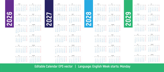 2026–2029 calendar set, four year annual planner vector template with Monday week start in English