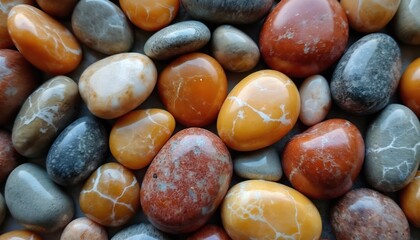 Close-up shows many polished natural stones. Smooth pebbles in various shades of orange yellow grey brown with white patterns create textured background. Different colored mineral rocks display