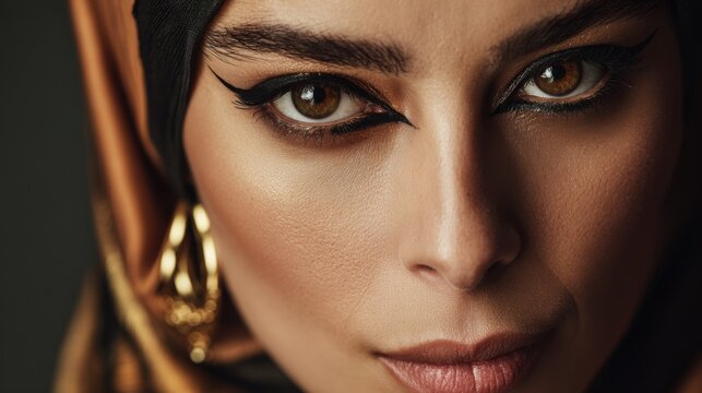 Bold Eyeliner Portrait of Middle Eastern Woman Showcasing Beauty and Culture in Close-Up with Intricate Makeup Details