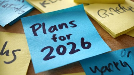 Detailed Sticky Notes Organization with Plans for 2026 in Blue Marker on Table