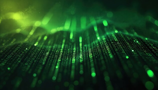 Abstract green binary code flows like waves on dark background. Digital data streams create futuristic tech pattern, suggesting network, cyber security, AI concepts. Numeric information cascades